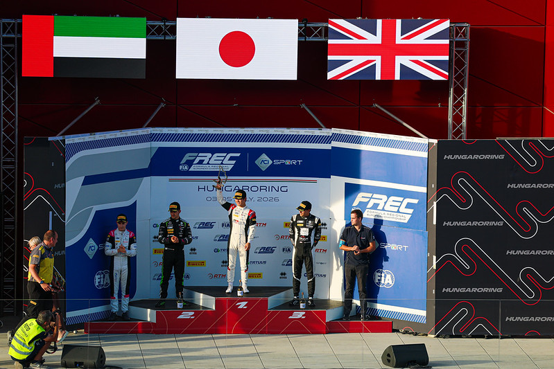 Sano, Al Dhaheri, Seewooruthun and Olivieri react after success at the 2026 FREC Race 1 at the Hungaroring.