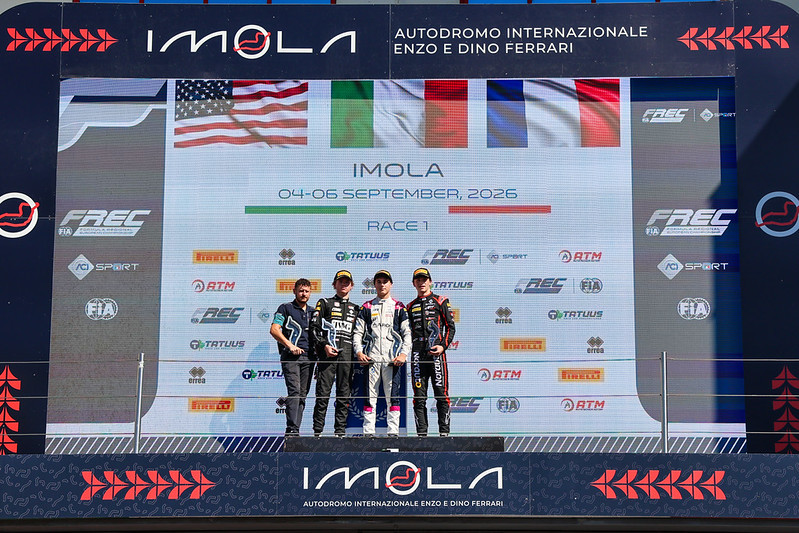 Emanuele Olivieri celebrated his 2026 Imola victory and FREC Rookie title as Sebastian Wheldon and Alexandre Munoz joined him on the Race 1 podium.
