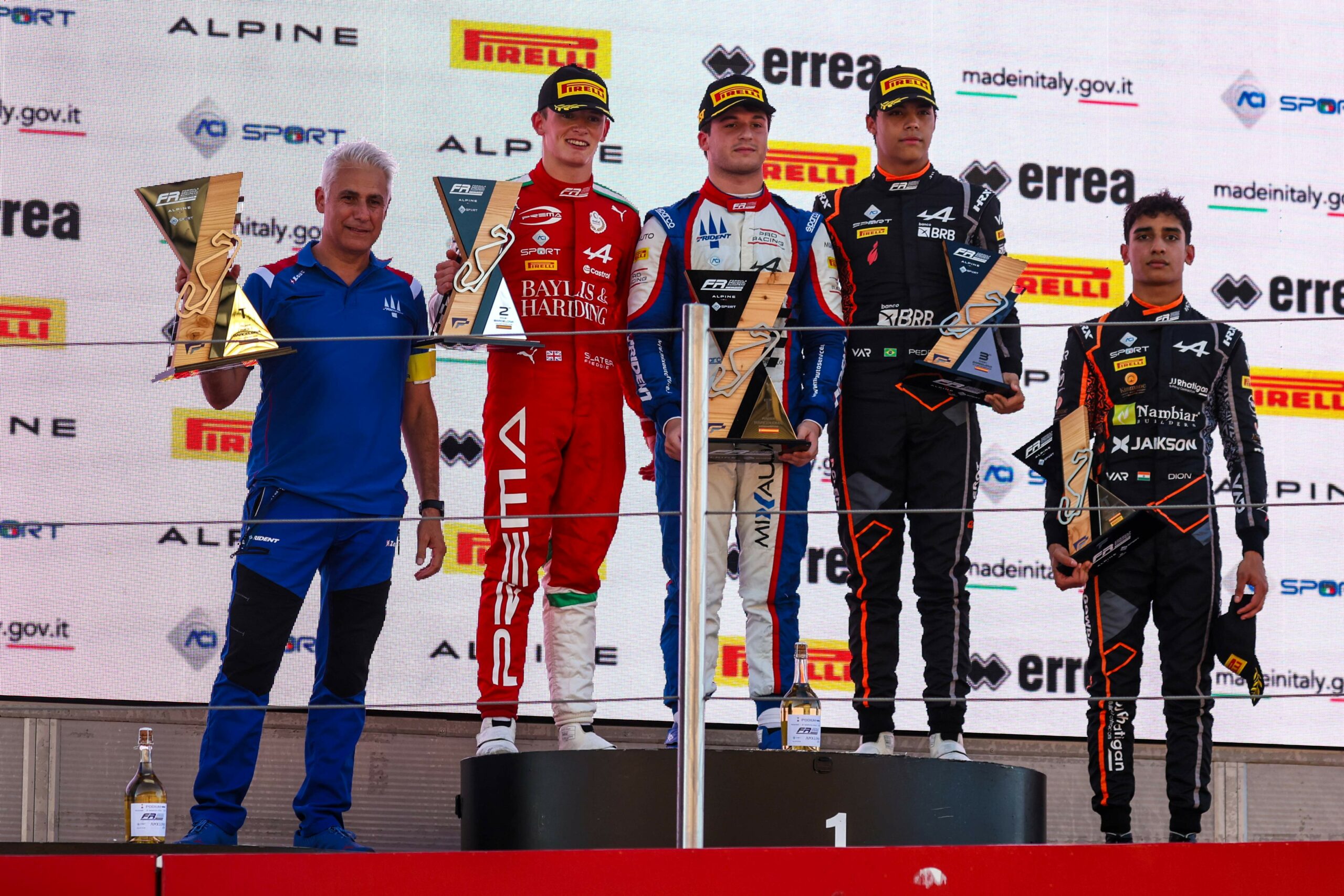 Podium including De Palo, Slater and Clerot, Race 1, 2025 FRECA Round 8 Barcelona