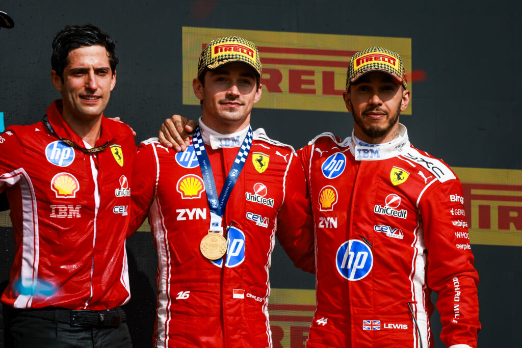 Leclerc and Hamilton on the Podium for Ferrari with the Team principal Fred Vasseur at the 2026 F1 British GP