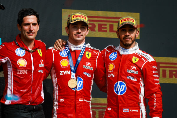 Leclerc and Hamilton on the Podium for Ferrari with the Team principal Fred Vasseur at the 2026 F1 British GP