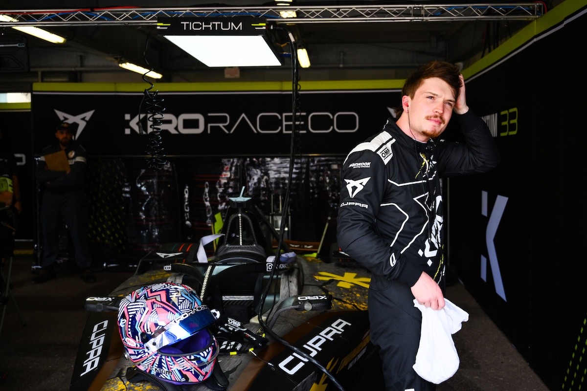 Dan Ticktum stading by his Cupra Kiro car, in the garage during the 2025 Monaco E-Prix