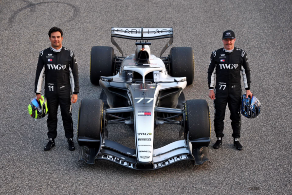 Pérez and Bottas with the Cadillac F1 car at Albert Park ahead of the 2026 Australian Grand Prix