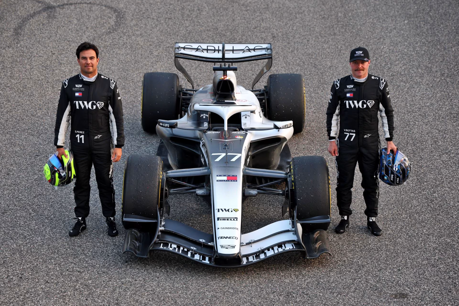 Pérez and Bottas with the Cadillac F1 car at Albert Park ahead of the 2026 Australian Grand Prix
