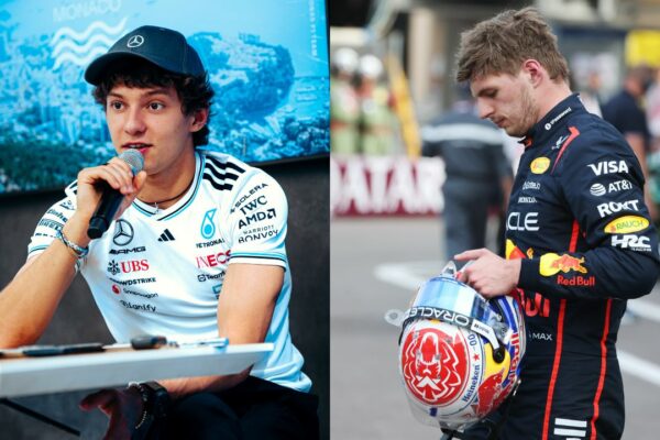 Kimi Antonelli (L) and Max Verstappen (R) at Monaco GP
