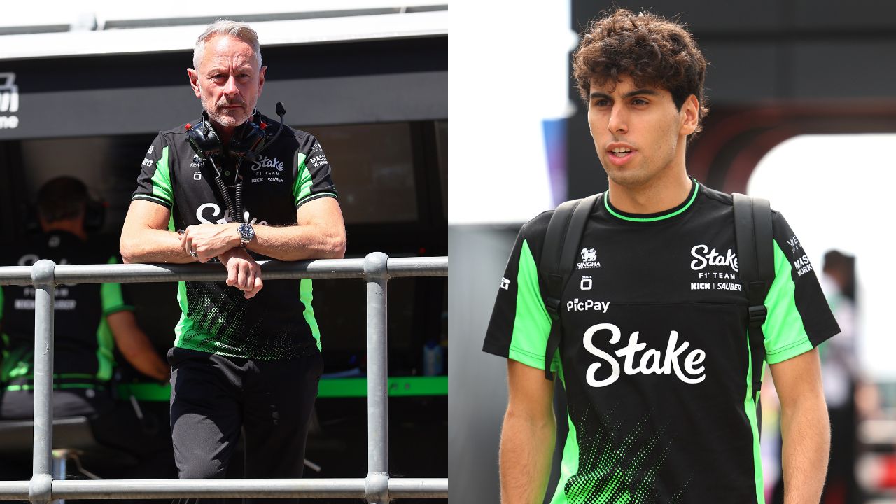 Jonathan Wheatley (L) and Bortoleto (R) at 2025 British GP