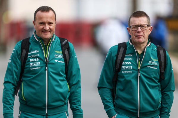 Senior Aston Martin F1 staff members set to depart the team ahead of Newey’s 2026 restructuring Andy Cowell and Eric Blandin walking into the paddock at the beginning of the 2025 F1 season, amid Newey's team switch ahead of the 2026 regulations.