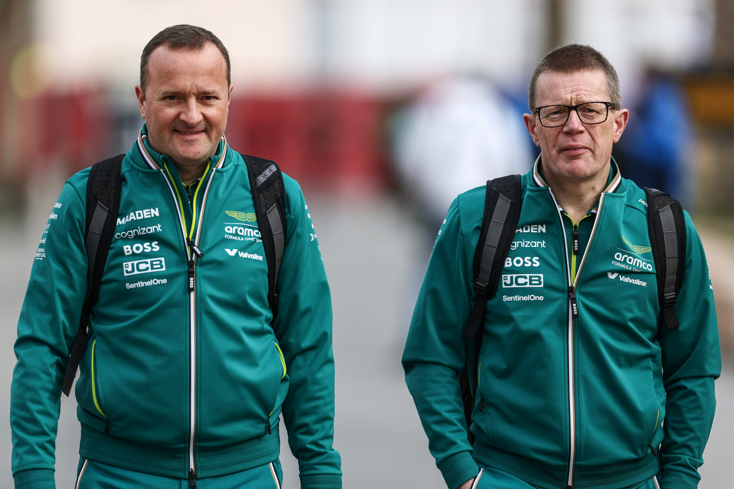 Andy Cowell and Eric Blandin walking into the paddock at the beginning of the 2025 F1 season, amid Newey's team switch ahead of the 2026 regulations.
