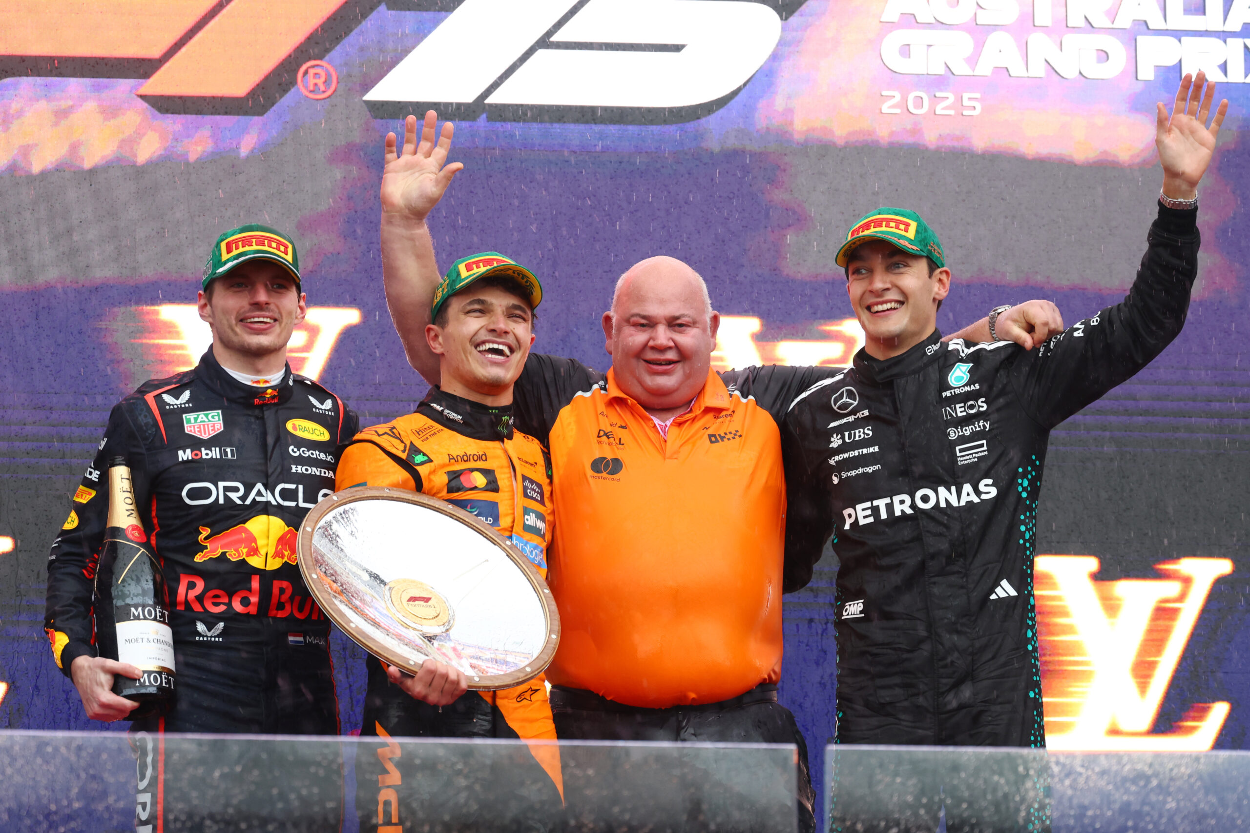 Rob Marshall joins Max Verstappen, Lando Norris, and George Russell on the podium in Melbourne 2025