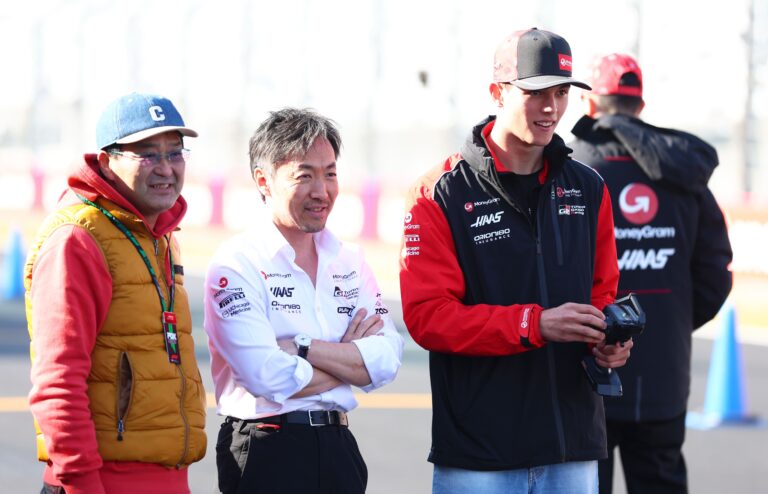 Hass F1 team Principal, Ayao Komatsu and driver, Ollie Bearman at the Suzuka International Circuit ahead of the Japanese GP