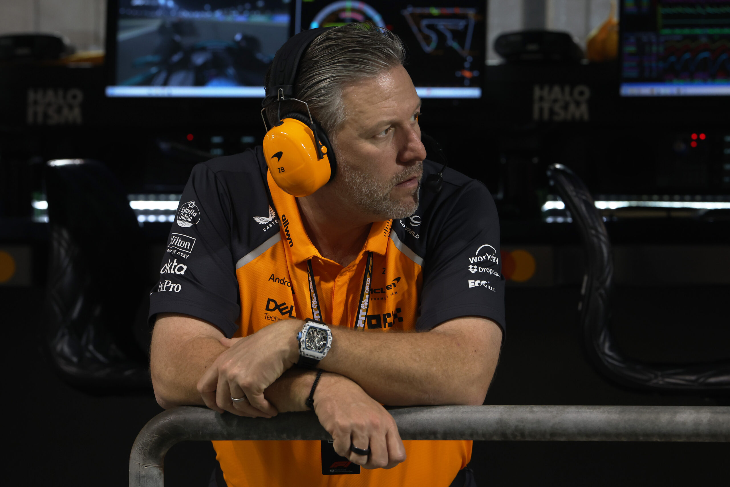 Zak Brown, Chief Executive Officer of McLaren on the pit wall during practice ahead of the F1 Grand Prix of Bahrain at Bahrain International Circuit on April 11, 2025 in Bahrain