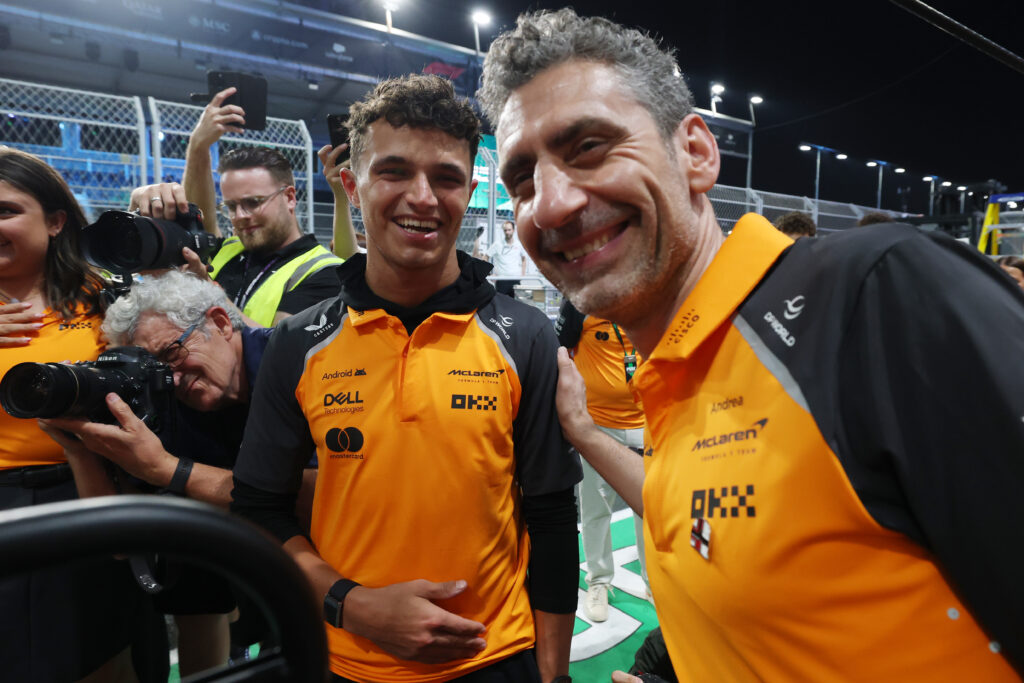JEDDAH, SAUDI ARABIA - APRIL 20: 2026 World Driver Champion Lando Norris of Great Britain and McLaren and Andrea Stella, Team Principal of McLaren celebrate during the F1 Grand Prix of Saudi Arabia at Jeddah Corniche Circuit on April 20, 2025 in Jeddah, Saudi Arabia. (Photo by Steven Tee/LAT Images)