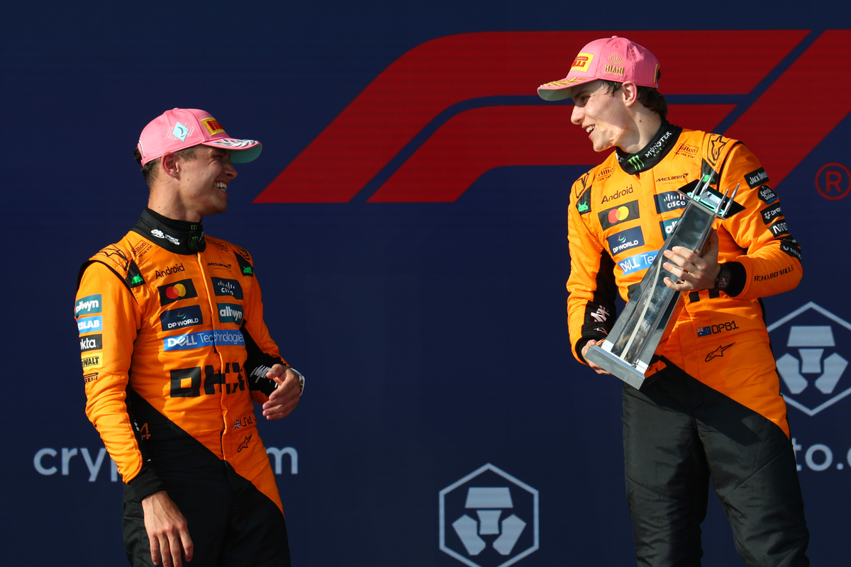 Oscar Piastri enjoys the Miami podium alongside teammate Lando Norris
