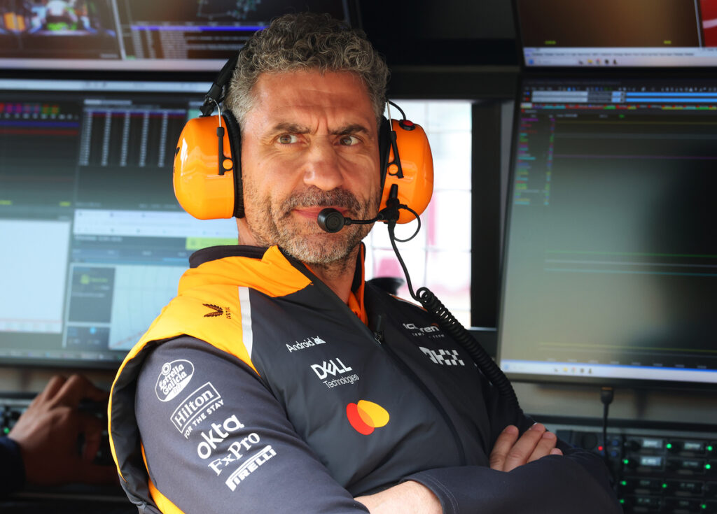 McLaren team principal Andrea Stella at his post for the 2026 F1 British GP.