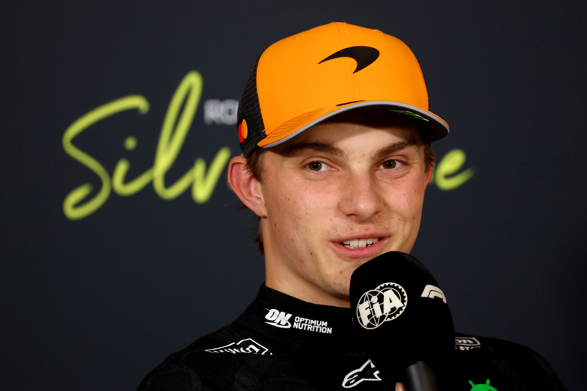 NORTHAMPTON, ENGLAND - JULY 05: Second placed qualifier Oscar Piastri of Australia and McLaren in the Drivers Press Conference during qualifying ahead of the F1 Grand Prix of Great Britain at Silverstone Circuit on July 05, 2025 in Northampton, England. (Photo by Clive Rose/Getty Images)