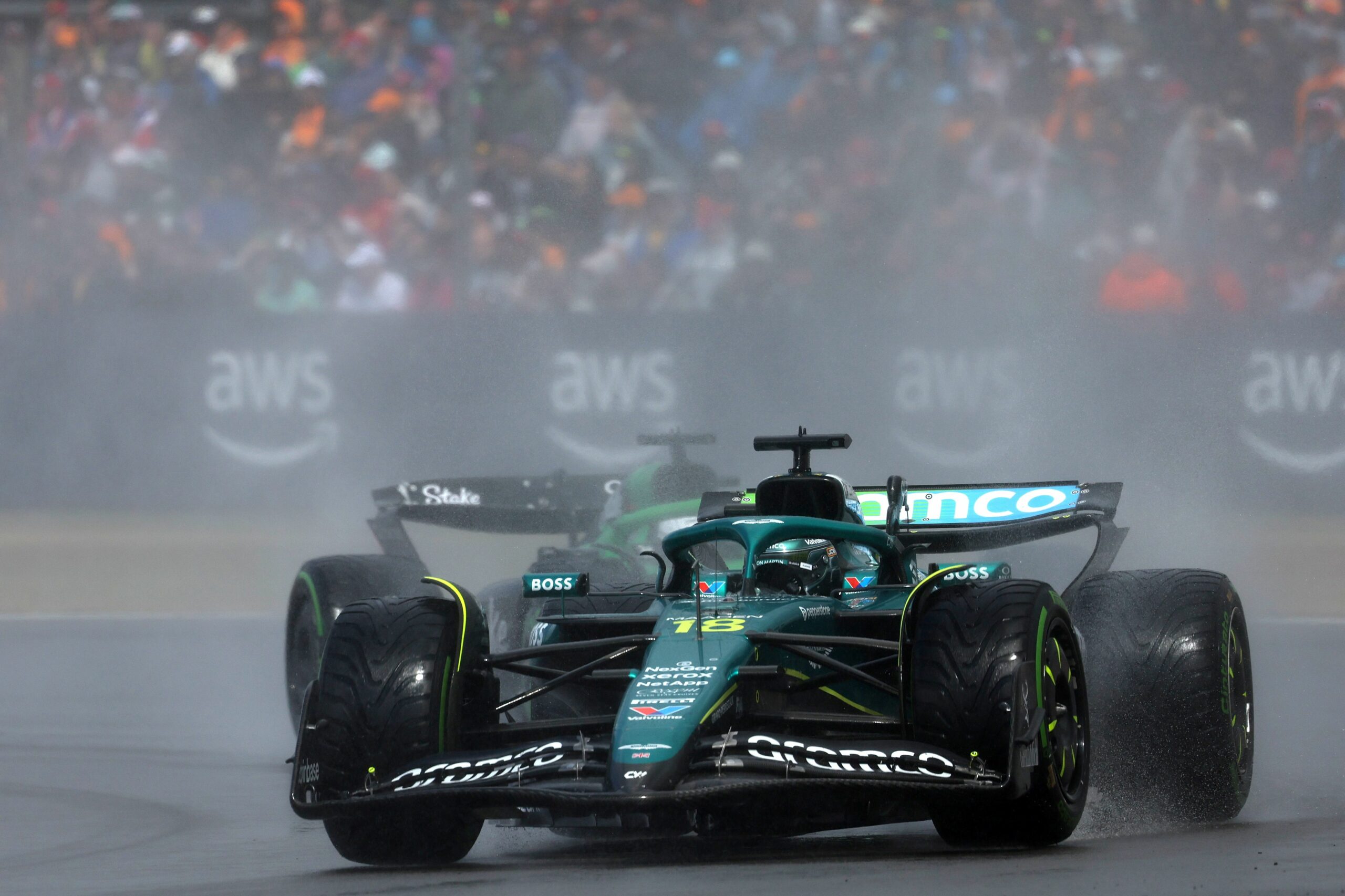 Lance Stroll drives for Aston Martin in the British GP