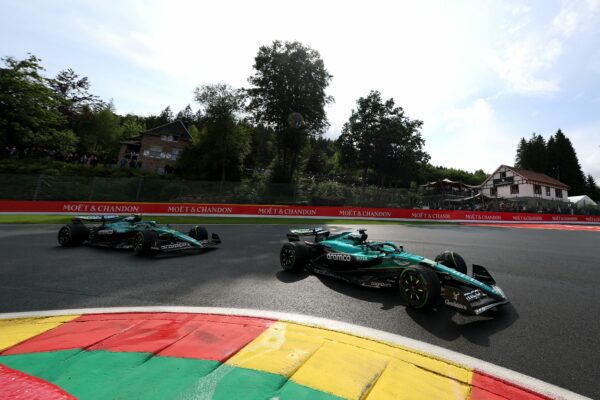Aston Martin Drivers Fernando Alonso and Lance Stroll in the F1 Belgian GP