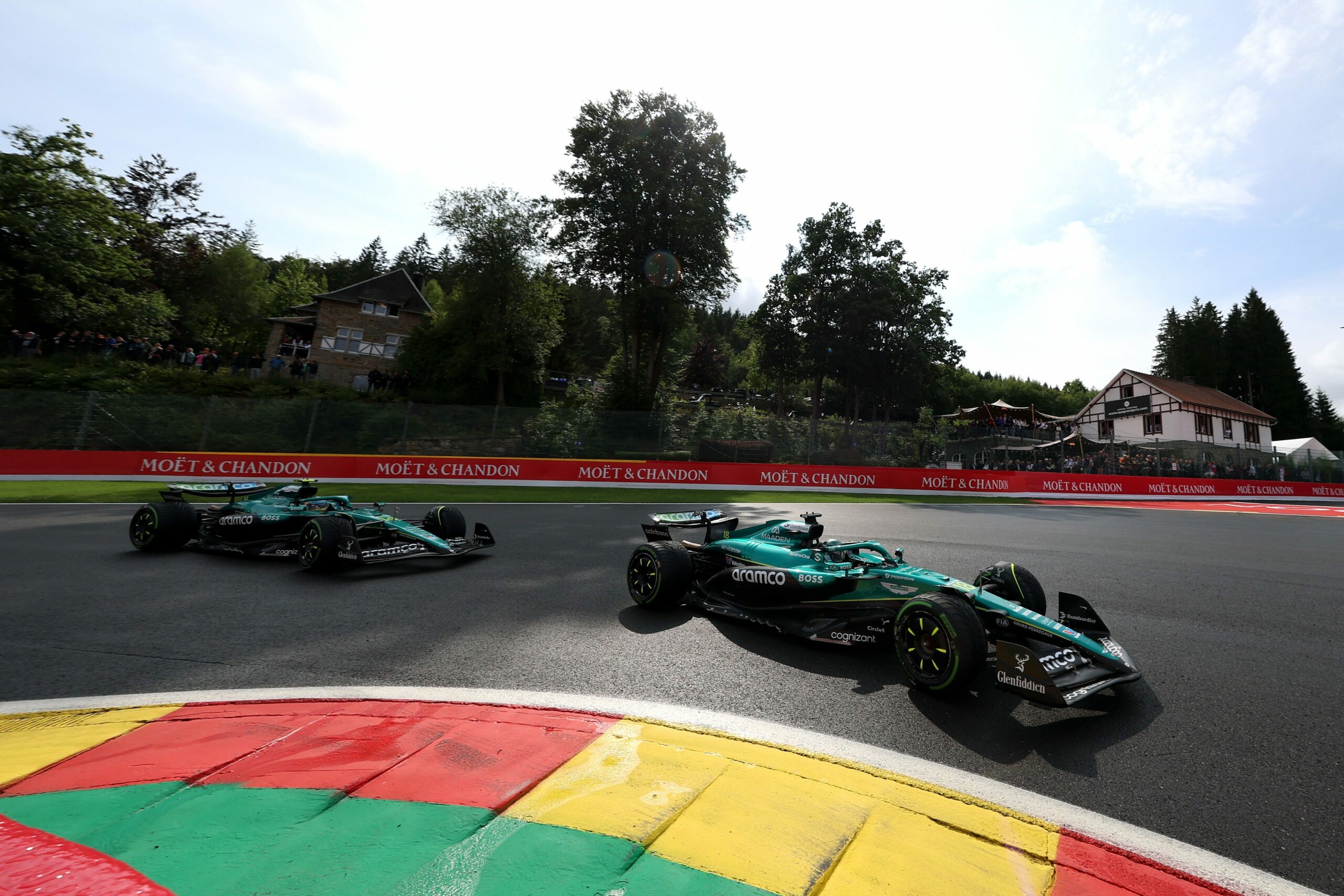 Aston Martin Drivers Fernando Alonso and Lance Stroll in the F1 Belgian GP
