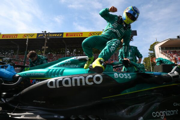 Aston Martin Driver Fernando Alonso after retring with a suspension failure from the F1 Italian GP