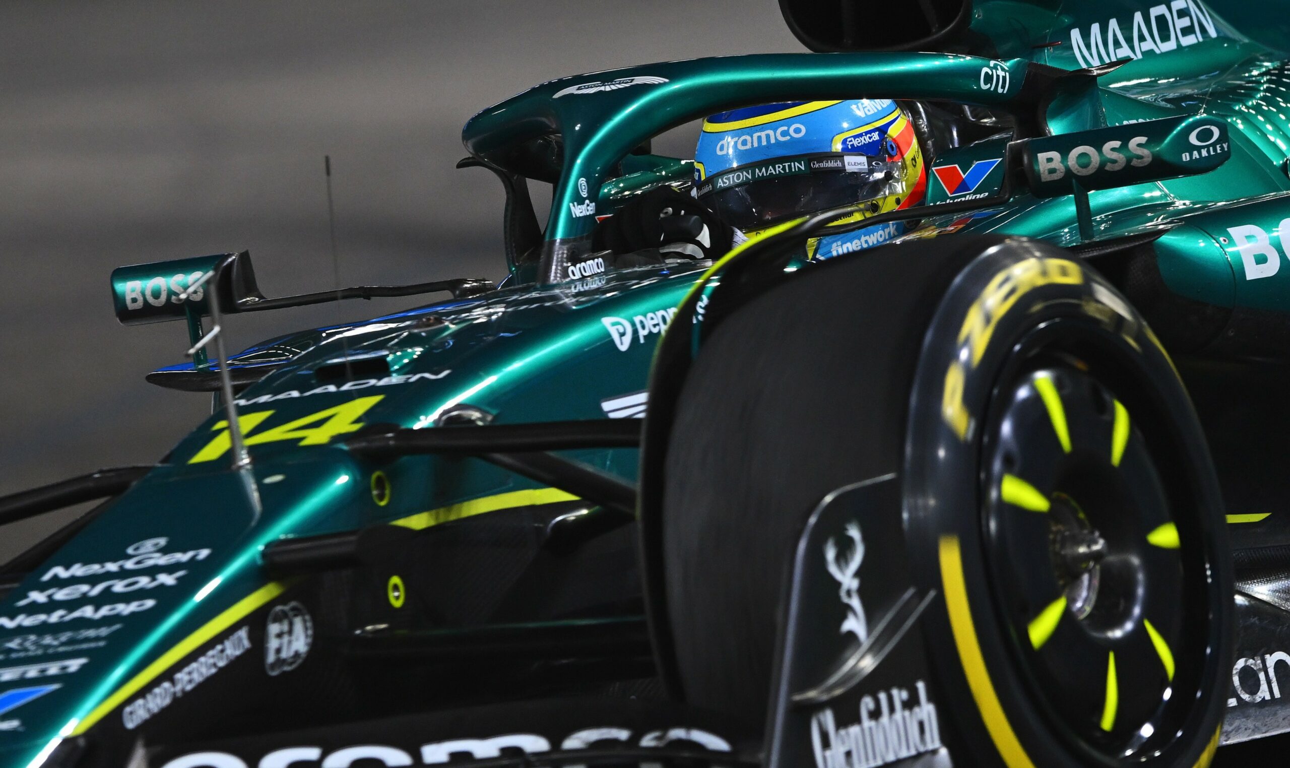 Aston Martin's Fernando Alonso on track at the F1 Singapore GP before statements from Andy Cowell