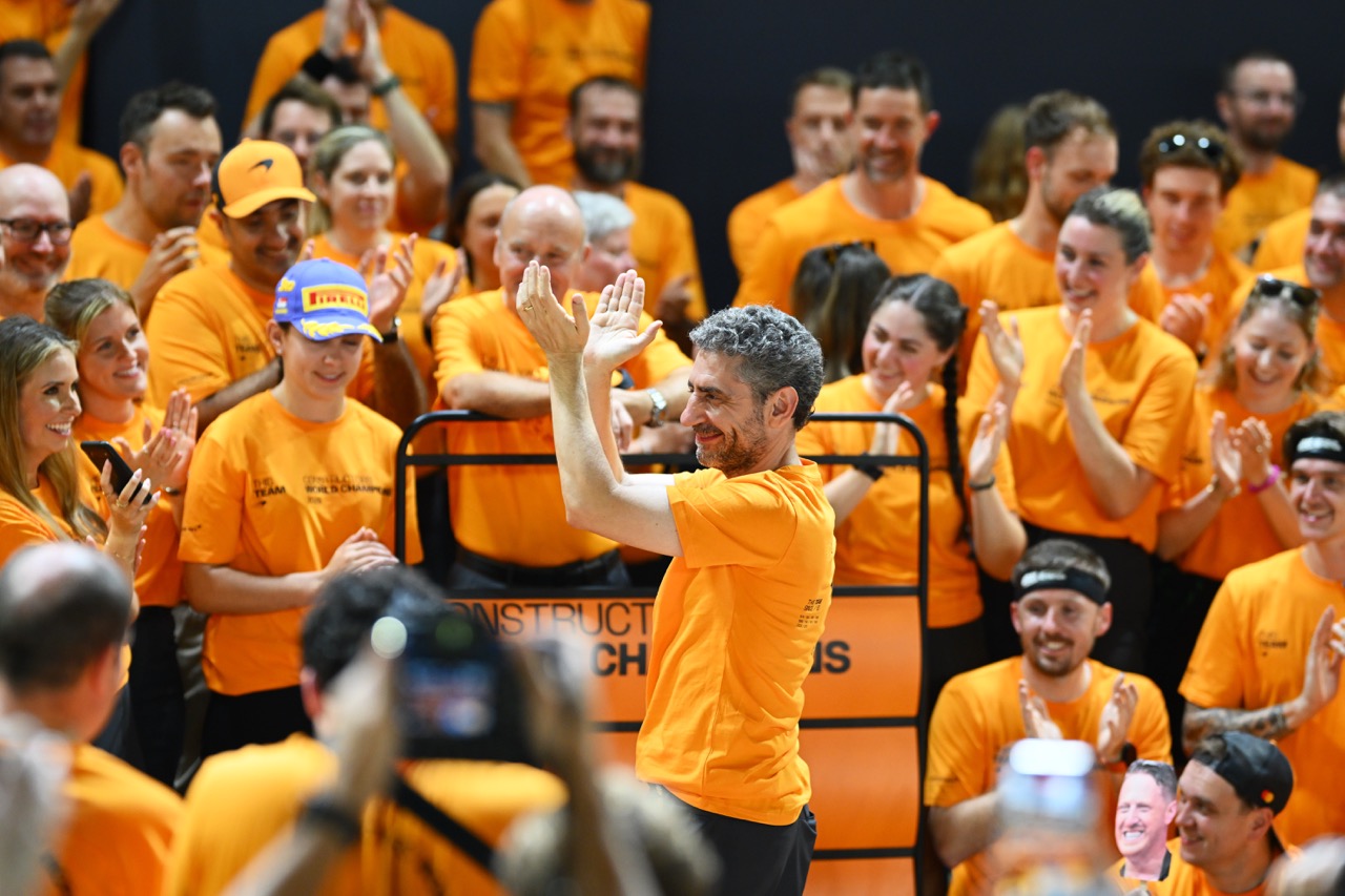McLaren Racing Team Principal Andrea Stella celebrating at the F1 Singapore GP 2025.