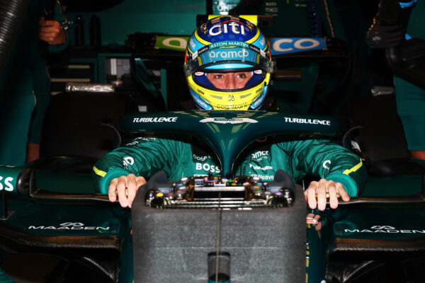 Fernando Alonso and Aston Martin F1 Team prepare to during practice ahead of the F1 Las Vegas GP