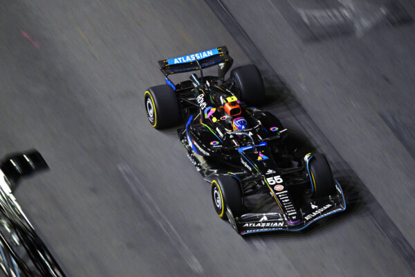Carlos Sainz driving the Williams FW47 on track during practice ahead of the F1 Las Vegas GP