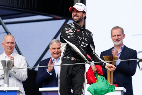 Antonio Felix da Costa and Jaguar TCS Racing celebrates on the podium during the Madrid E-Prix, Round 6 of the 2026 FIA Formula E World Championship