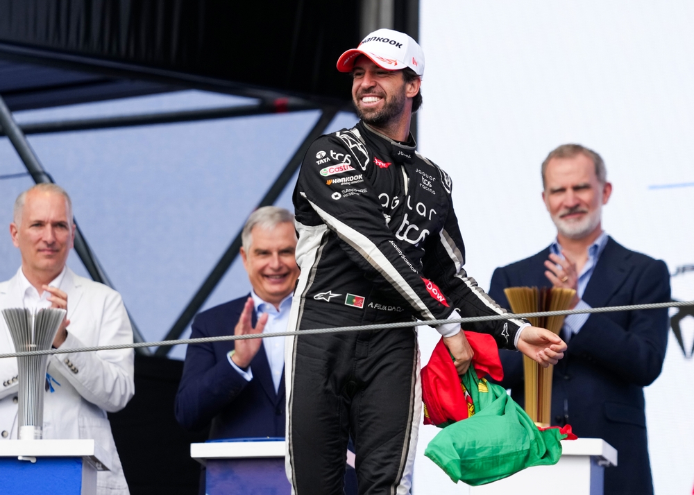 Antonio Felix da Costa and Jaguar TCS Racing celebrates on the podium during the Madrid E-Prix, Round 6 of the 2026 FIA Formula E World Championship