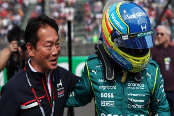 Aston Martin F1 driver Fernando Alonso and Koji Watanabe, the President of Honda Racing Corporation (HRC) at the 2026 Japanese GP, Suzuka