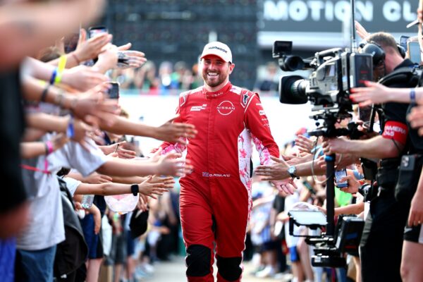 Oliver Rowland at the podium during the Berlin E-Prix weekend Race 2