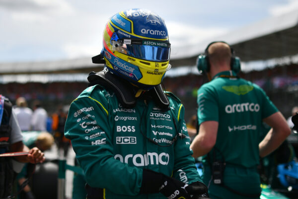 Fernando Alonso for Aston Martin F1 Team on the grid prior to the 2026 F1 British GP, at Silverstone Circuit.