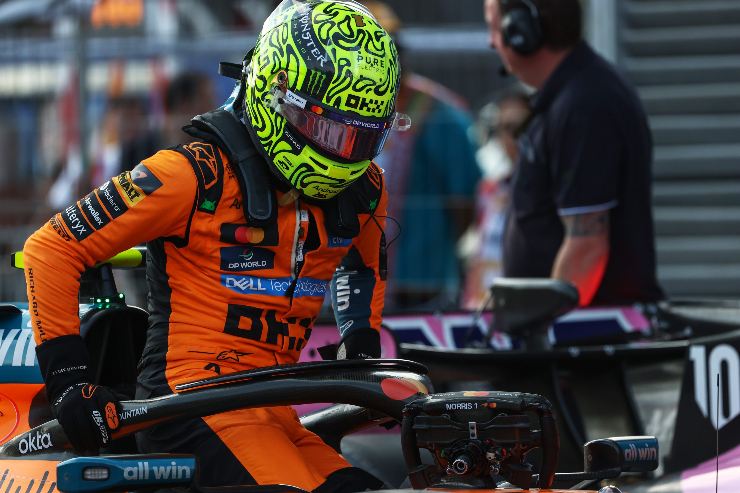 BAKU, AZERBAIJAN - SEPTEMBER 25: Fifth placed qualifier Lando Norris of Great Britain and McLaren arrives in parc ferme during qualifying ahead of the F1 Grand Prix of Azerbaijan at Baku City Circuit on September 25, 2026 in Baku, Azerbaijan. (Photo by Sam Bloxham/LAT Images)