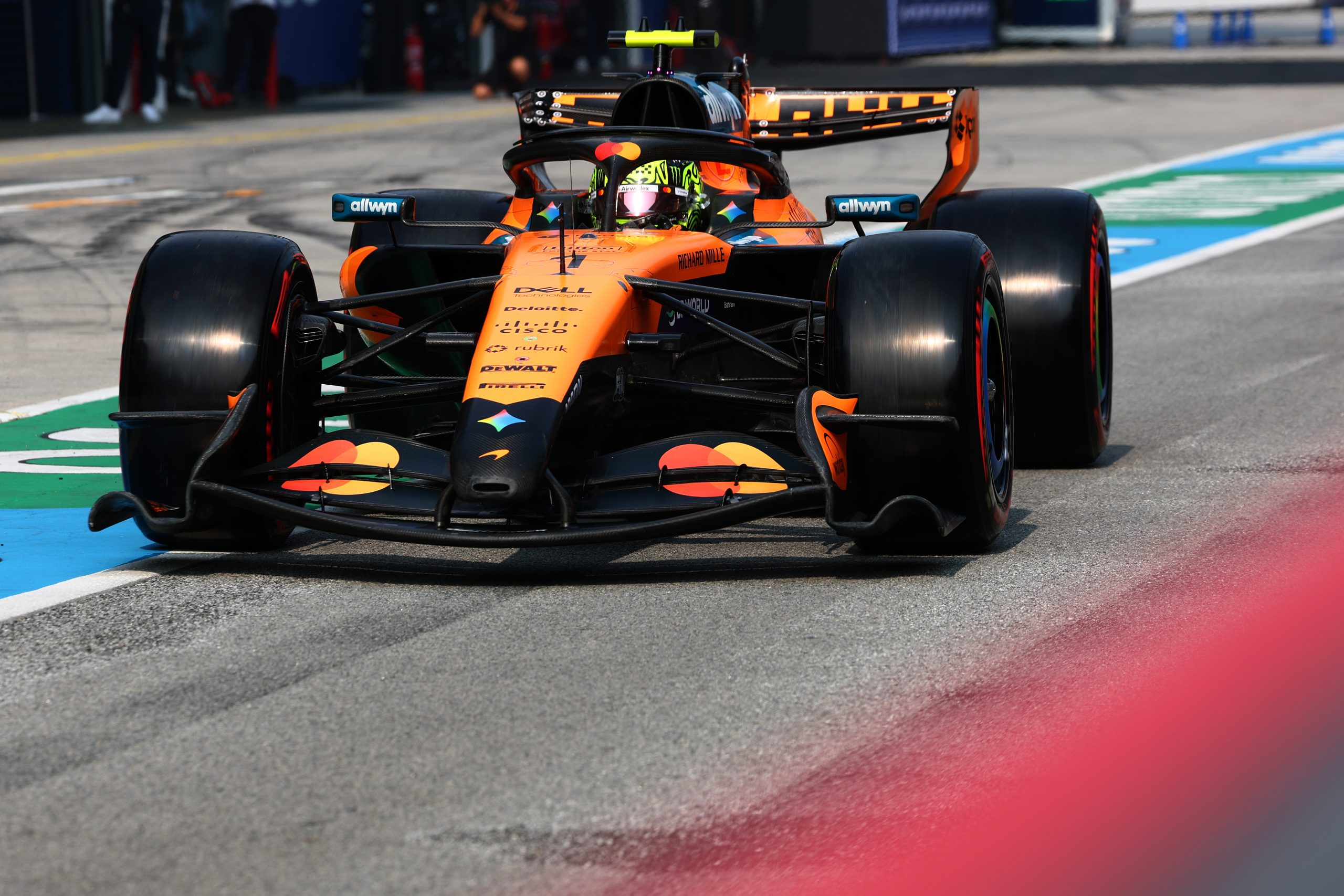 Lando Norris of Great Britain driving the (1) McLaren MCL40 Mercedes in the Pitlane during qualifying ahead of the F1 Grand Prix of Bahrain in Malaysia- Norris speaking to media at the 2026 F1 Singapore GP