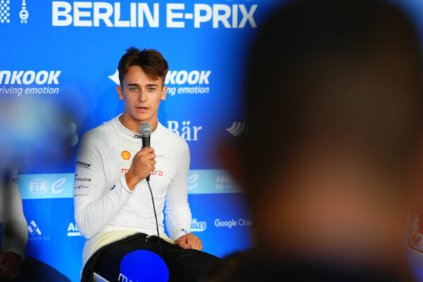Dino Beganovic in the Media Pen at the 2025 Berlin E-Prix ahead of the Formula E Rookie Test with Mahindra Racing.
