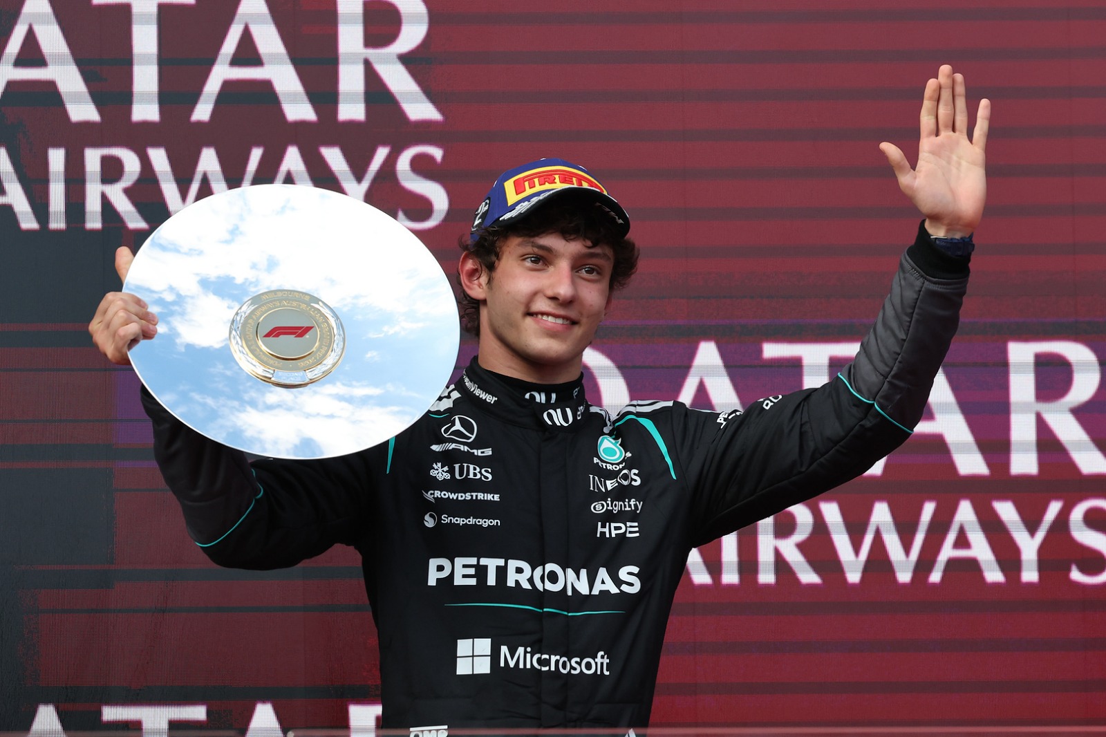 Antonelli on the Podium at the 2026 Australian Grand Prix for Mercedes.