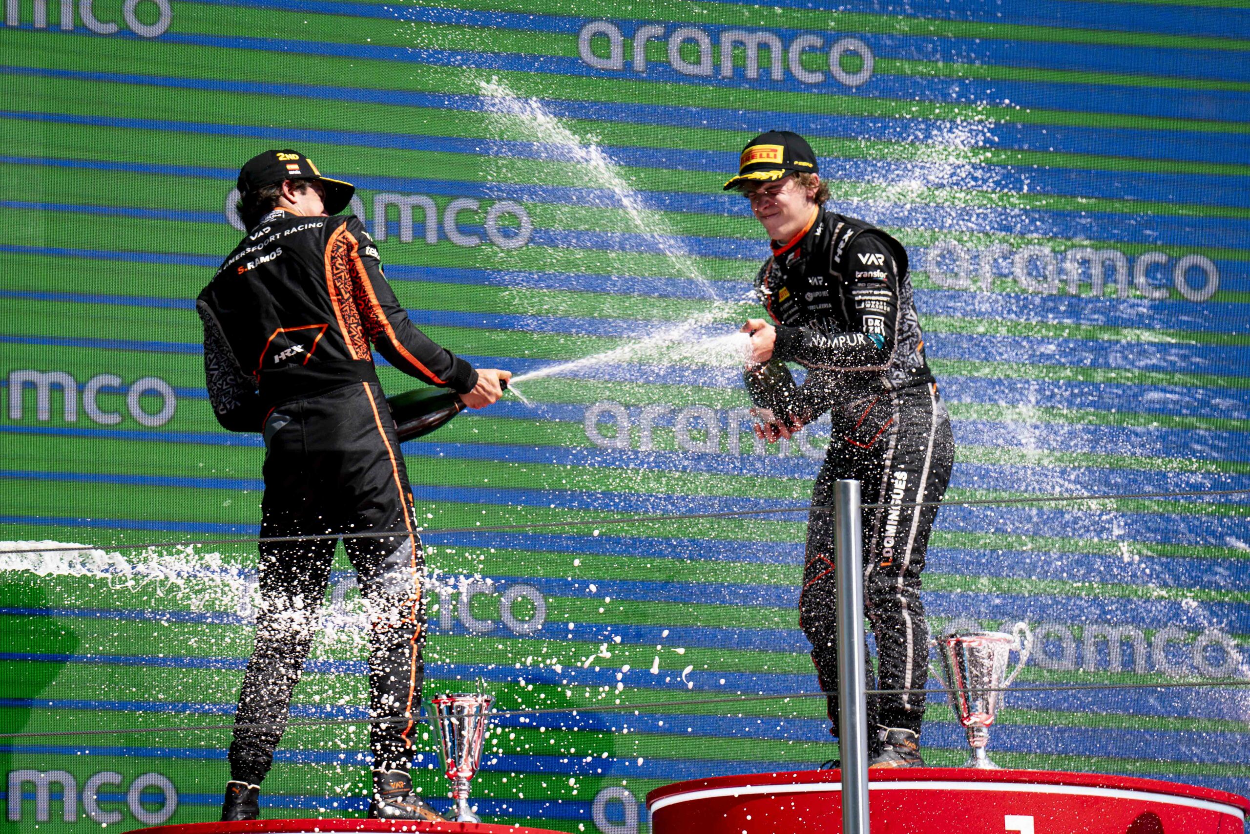 Van Amersfoort Racing drivers celebrate success in Barcelona. They identified adequate simulator preparation as key to their F3 success.