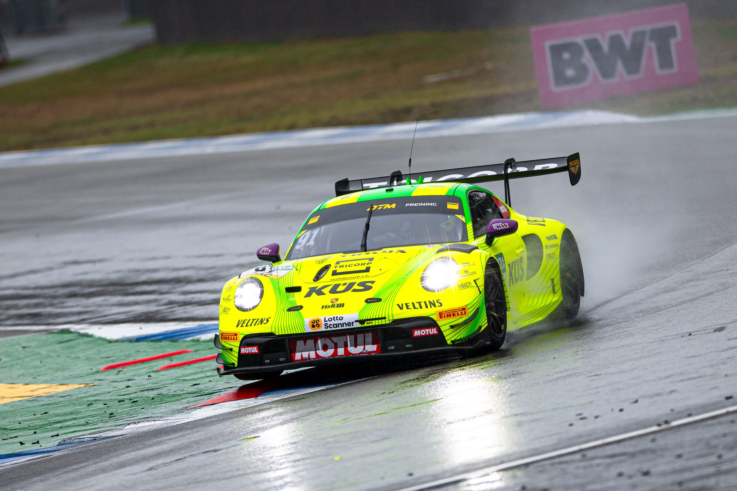 Thomas Preining tops FP1 and FP2 at the 2026 DTM Hockenheimring finale as wet conditions challenge drivers ahead of the championship decider.