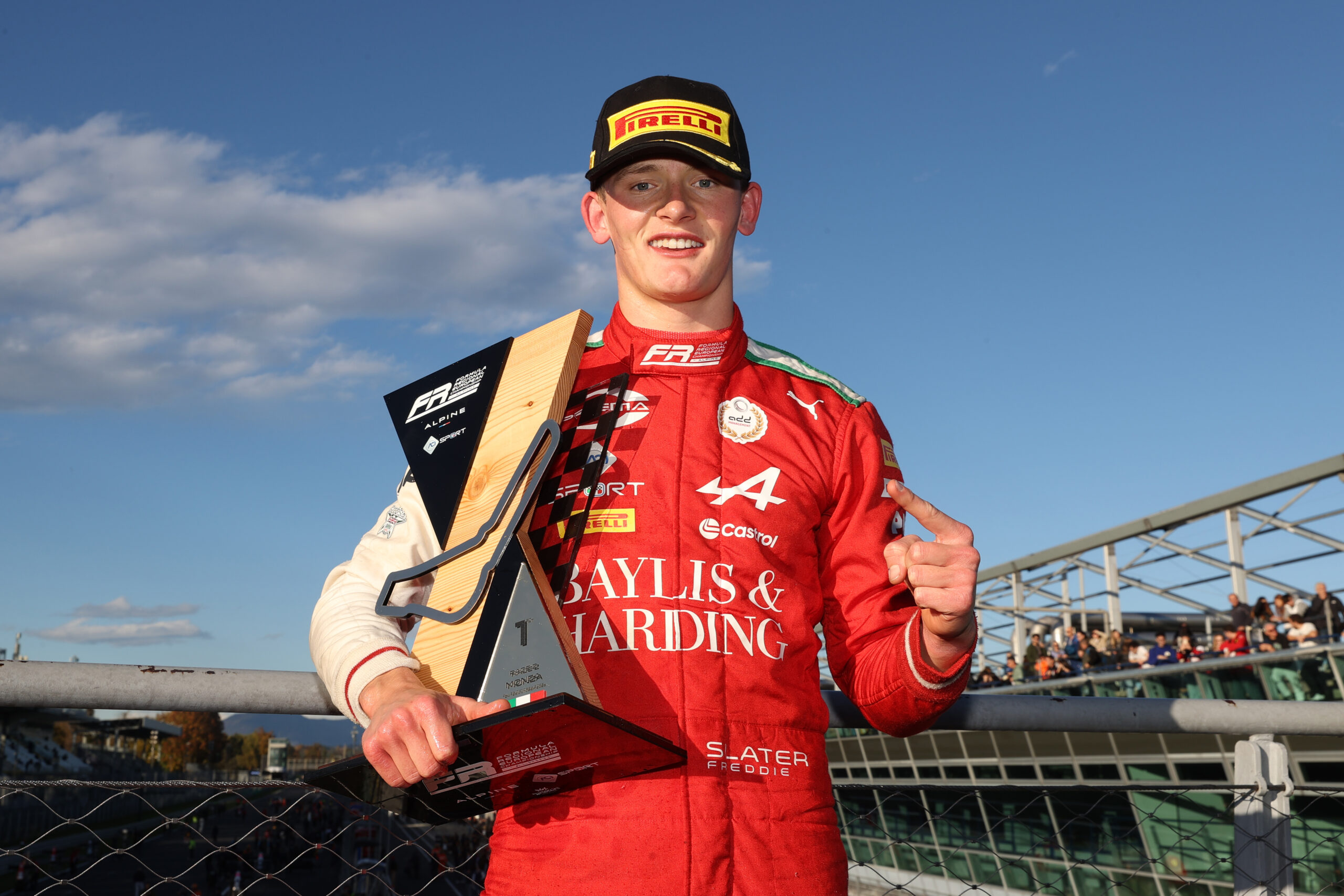 Freddie Slater, PREMA Racing, celebrates 2025 FRECA Drivers' Championship in Monza
