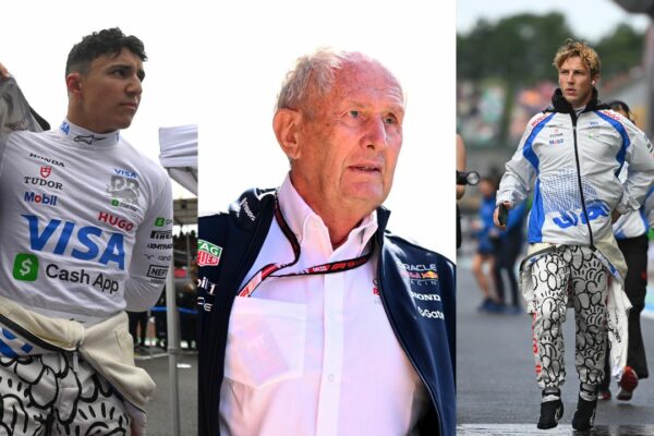 Liam Hadjar (L), Helmut Marko (M) and Liam Lawson (R)