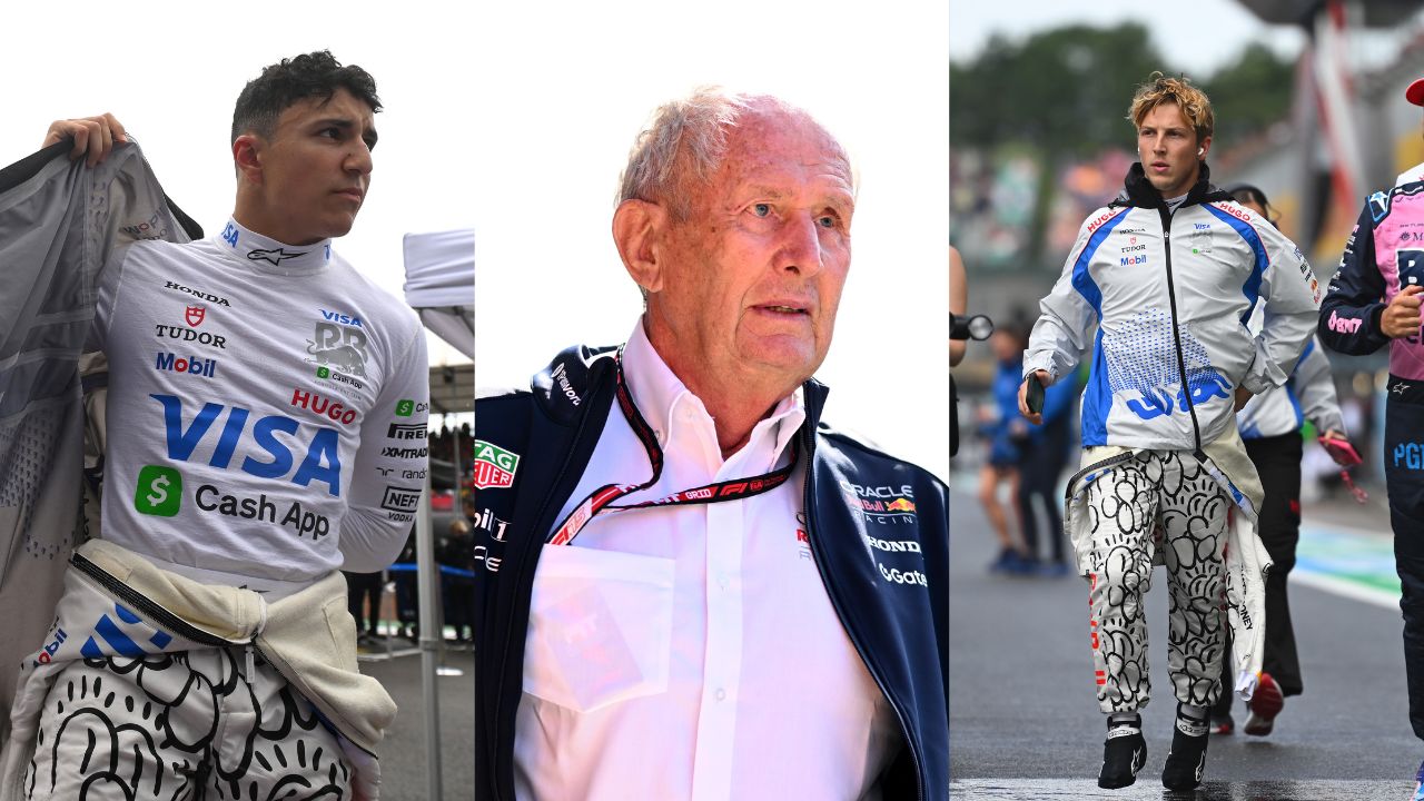 Liam Hadjar (L), Helmut Marko (M) and Liam Lawson (R)