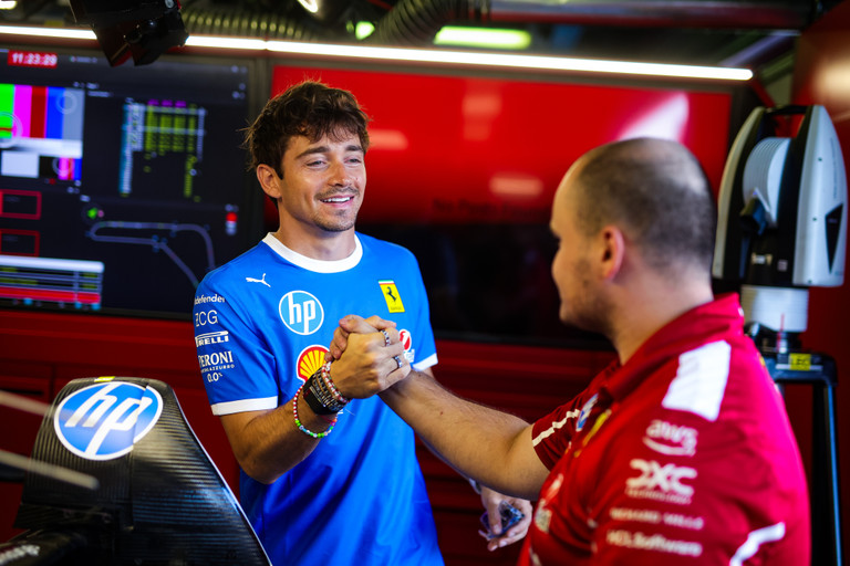 Charles Leclerc in the Ferrari garage ahead of F1 Italian GP weekend