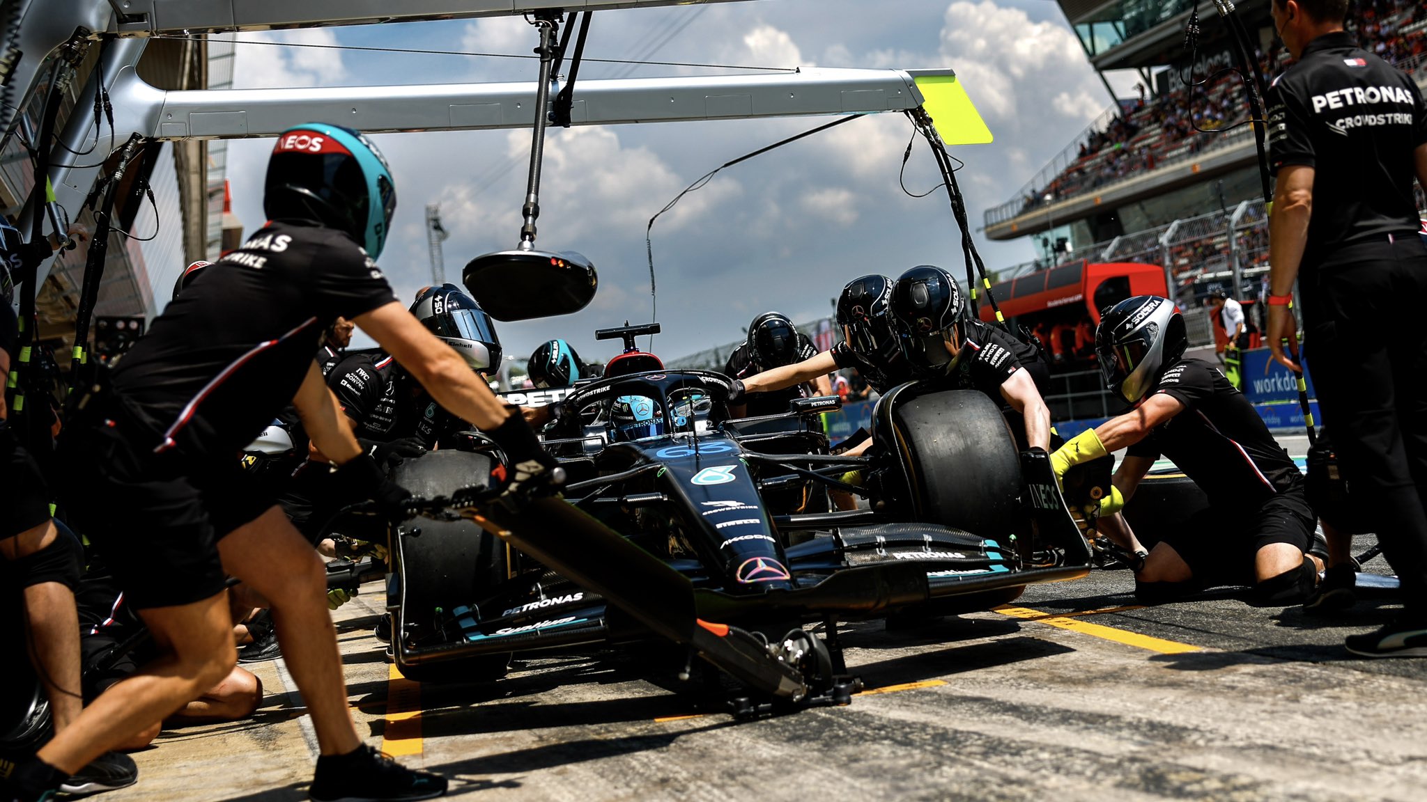 George Russell's Mercedes W14 during a pit stop