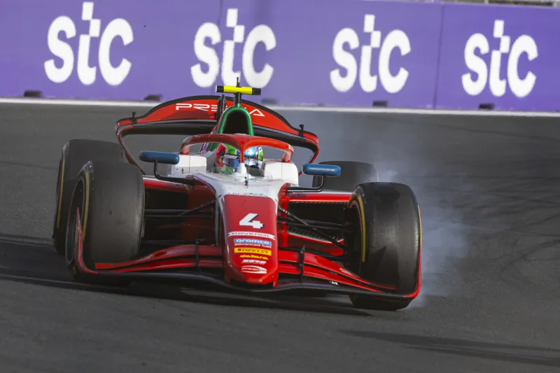 Kimi Antonelli driving and locking up the front right of his PREMA at Jeddah