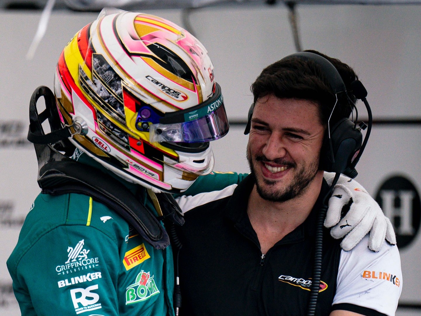Mari Boya wearing the pink version of his 2025 helmet design, at the Budapest round of Formula 2.