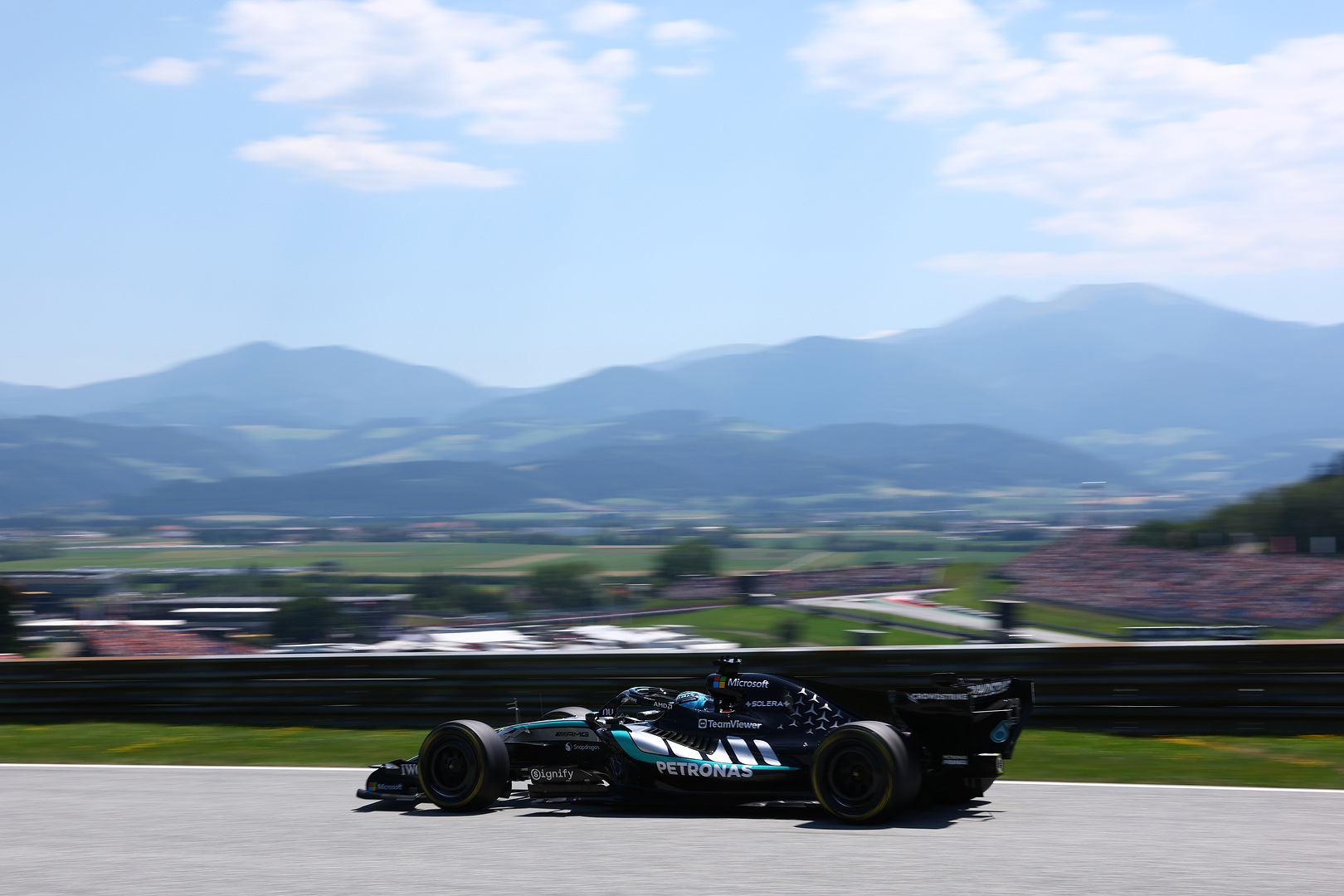 Mercedes F1 driver Russell on track ahead of the Austrian GP