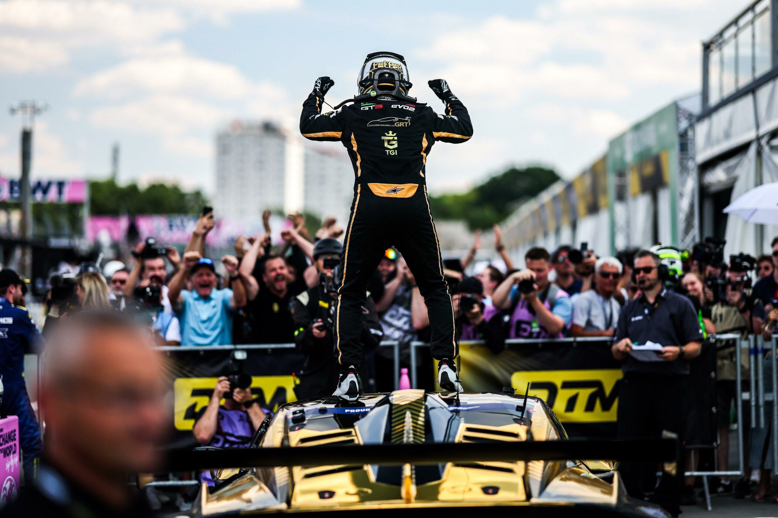 Lamborghini Factory Driver, Jordan Pepper, bringing home his maiden win at the DTM Norisring 2025, with GRT.