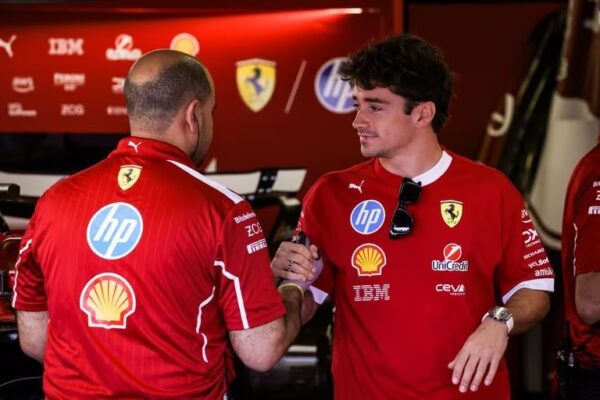 Leclerc in the Ferrari garage in Baku, ahead of the Singapore GP