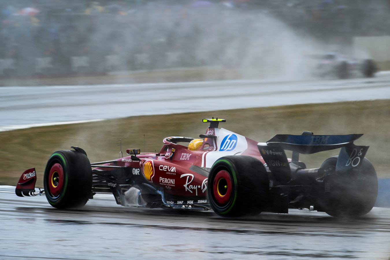 Lewis Hamilton for Scuderia Ferrari in the rain of Silverstone at the 2025 British Grand Prix.