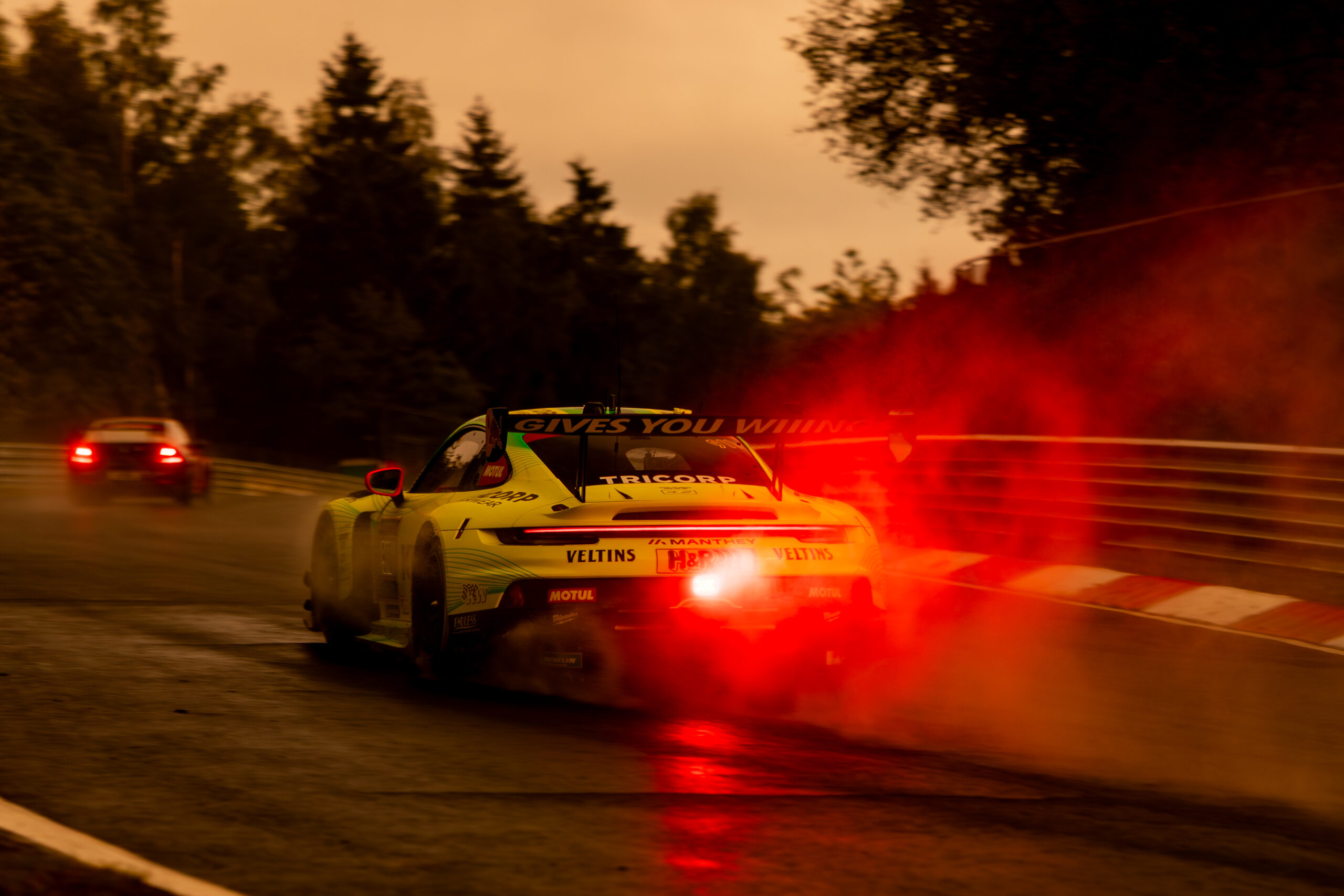 Manthey’s No. 911 Porsche retired early from the 2026 Nürburgring 24 Hours after an oil-related crash despite leading pace.